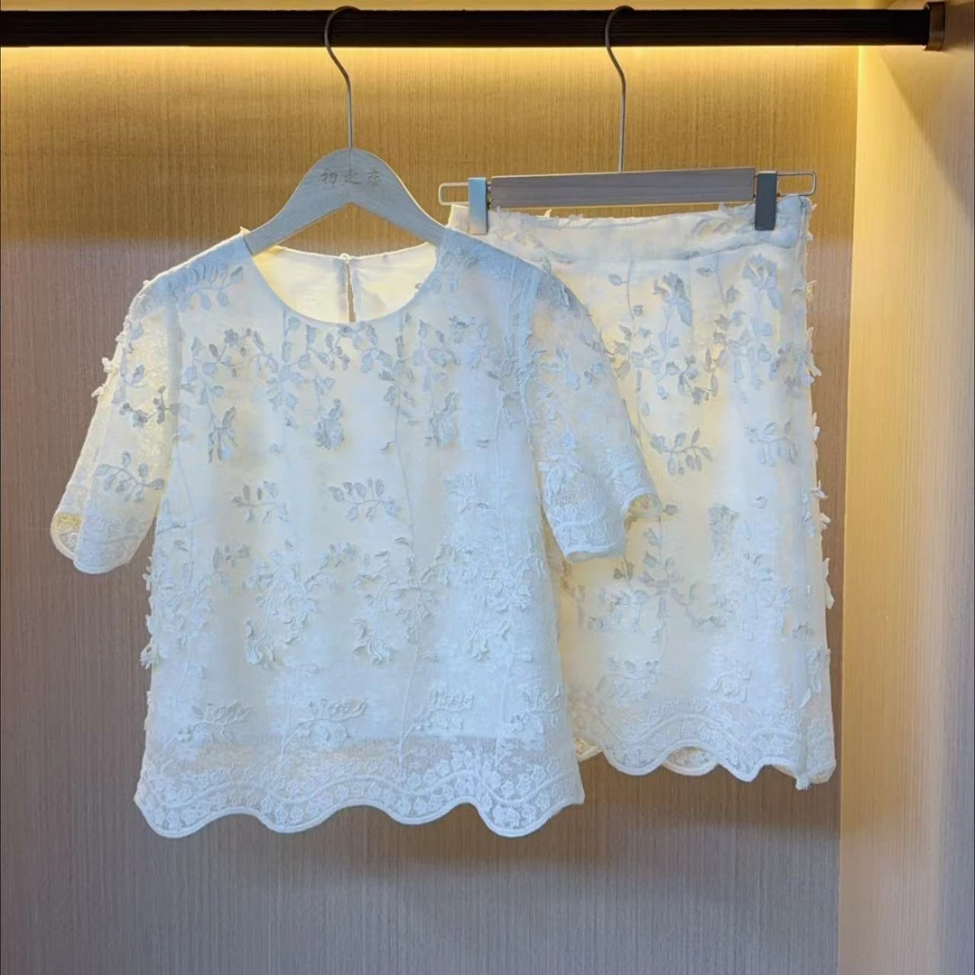 2025法式重工绣花轻盈气质显瘦短袖上衣+半身裙两件套装裙子