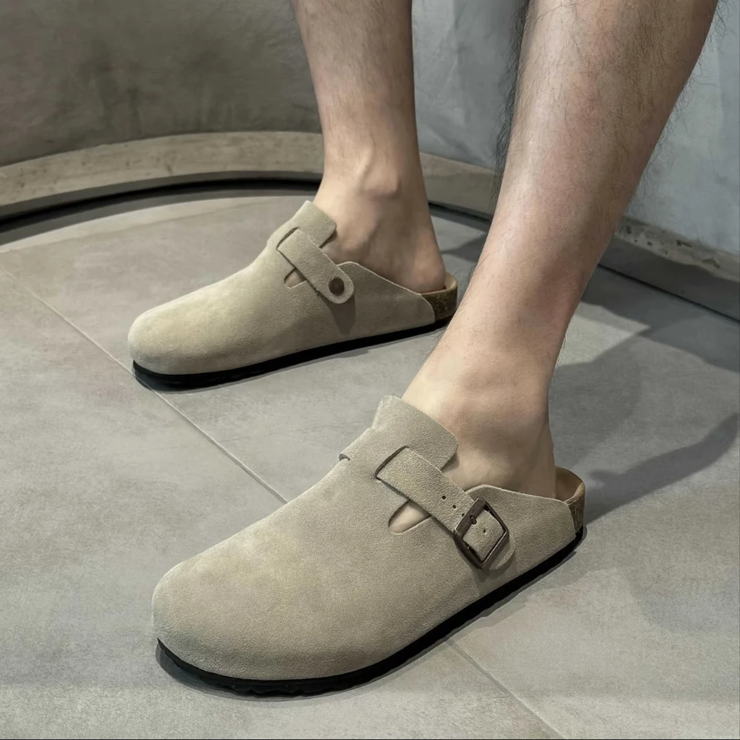 0058新款勃肯鞋软木鞋半拖鞋男女休闲复古一脚蹬真皮凉拖包头拖