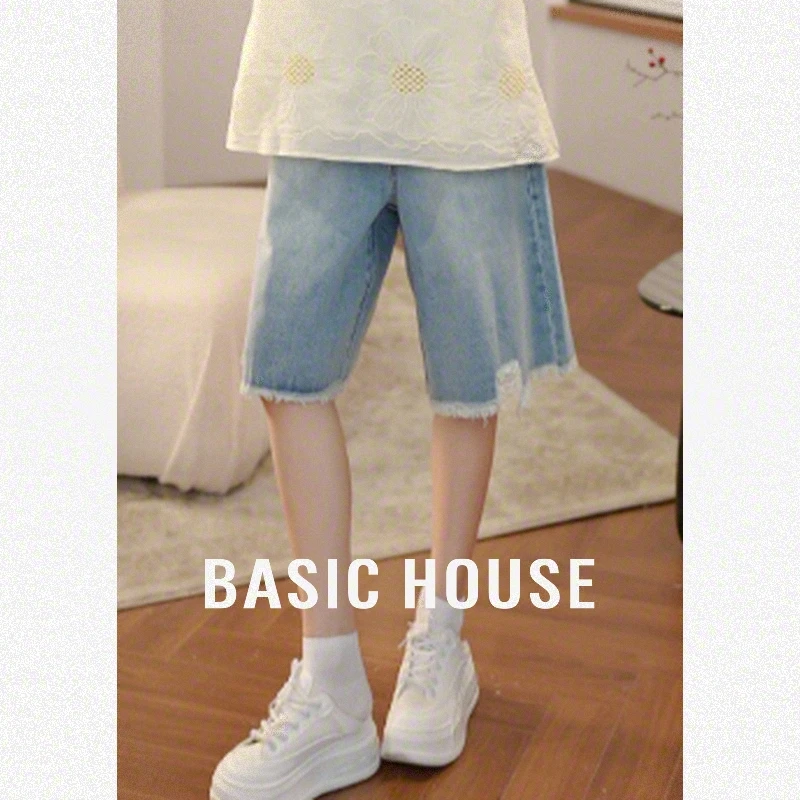 Basic House/百家好夏季新款时尚百搭休闲破洞显瘦牛仔短裤B5R292