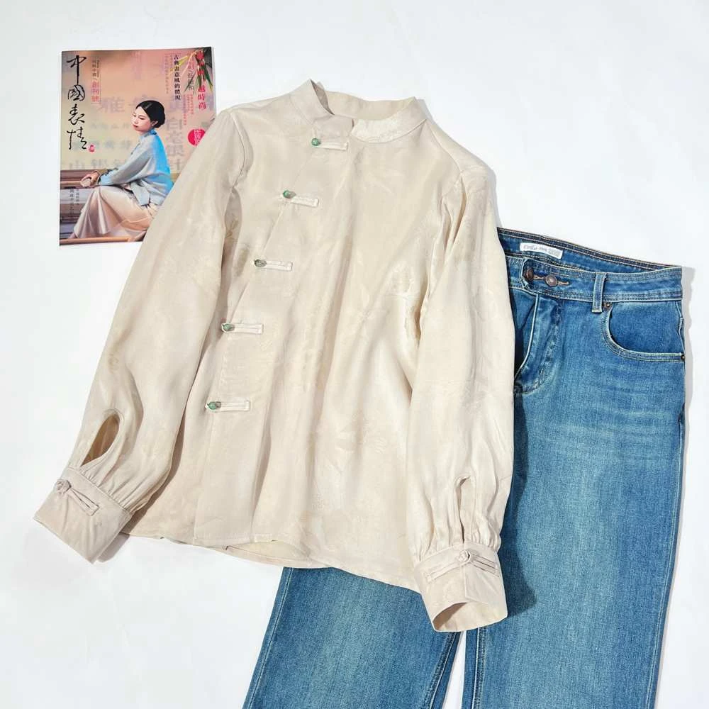 307 大王缎纯色提花立领斜门襟衬衫T恤上衣