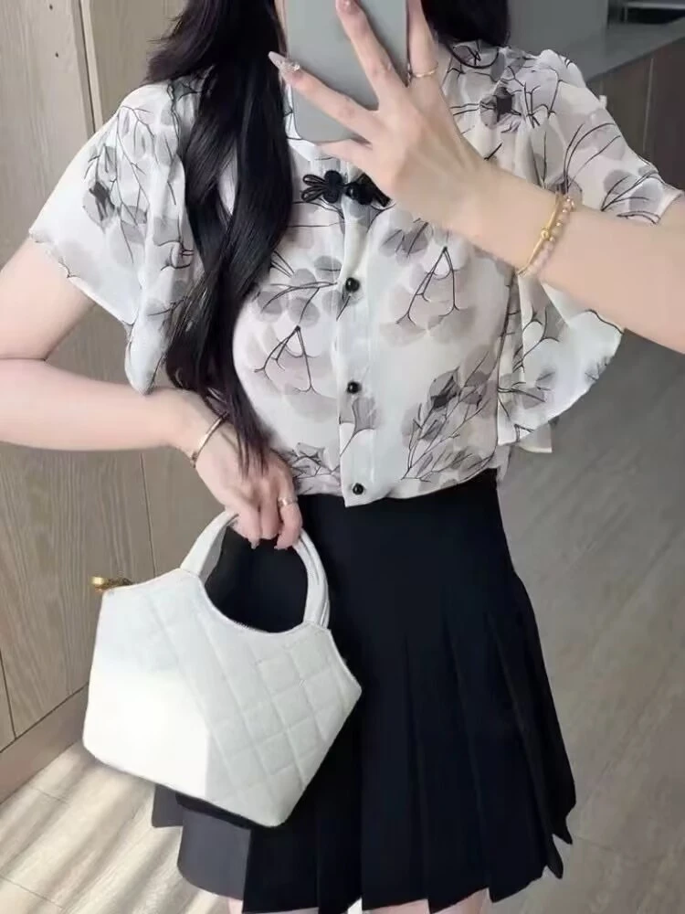 新中式国风水墨印花盘扣气质衬衫女夏季新款独特漂亮小衫雪纺上衣