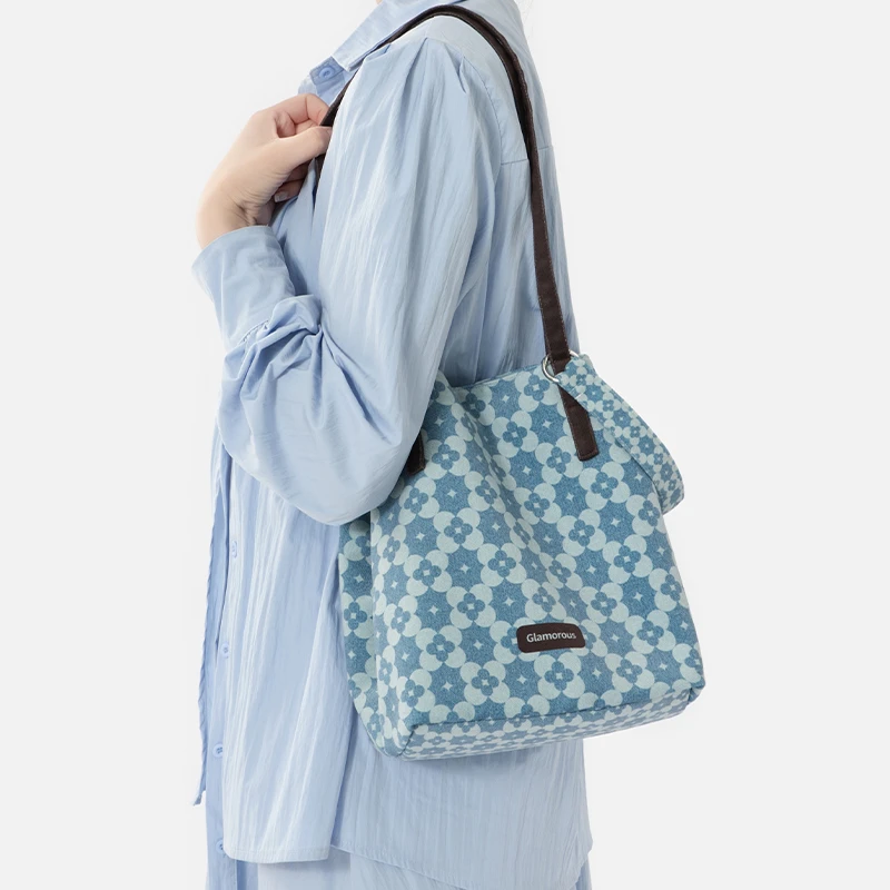 新款牛仔花百搭小众休闲托特包单肩斜跨包书店大容量帆布包女AI