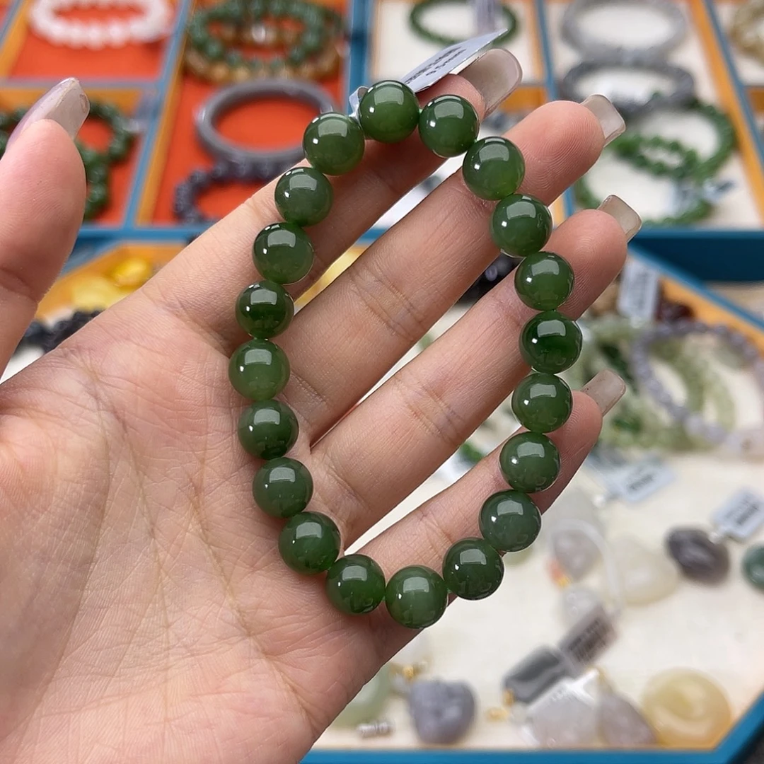 和田玉未镶嵌手链w29碧玉菠菜绿9.6mm推荐
