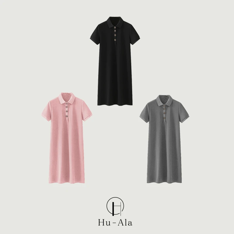 花蜡Hu-Ala复古休闲POLO领连衣裙女百搭宽松显瘦日常通勤中长裙