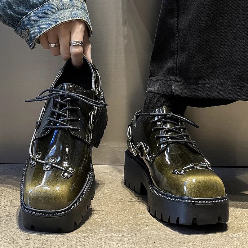 设计方头弹簧增高漆皮德比鞋小众男女皮鞋厚底系带休闲板鞋高级感