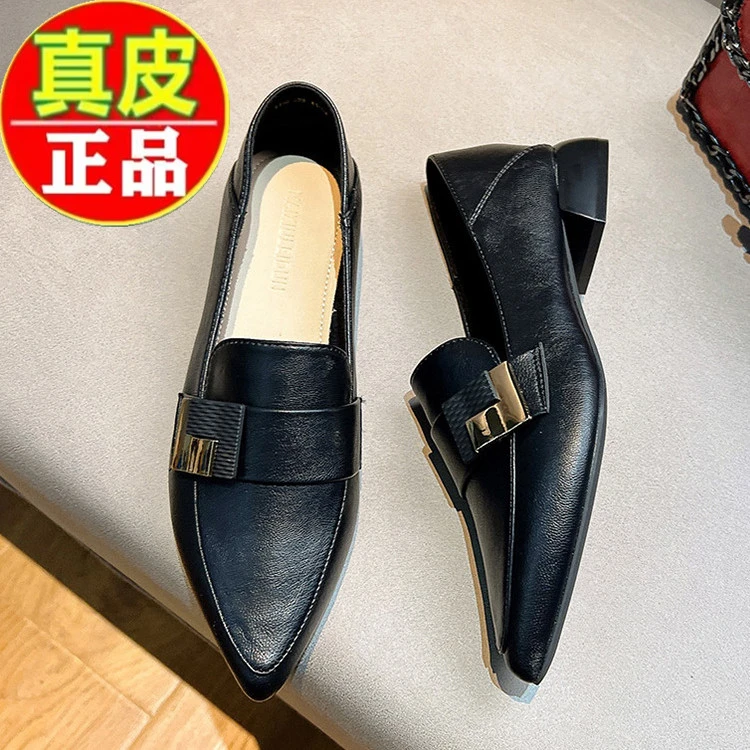 万达撤柜法式真皮单鞋女2025春秋新款时尚尖头粗跟小皮鞋气质百搭