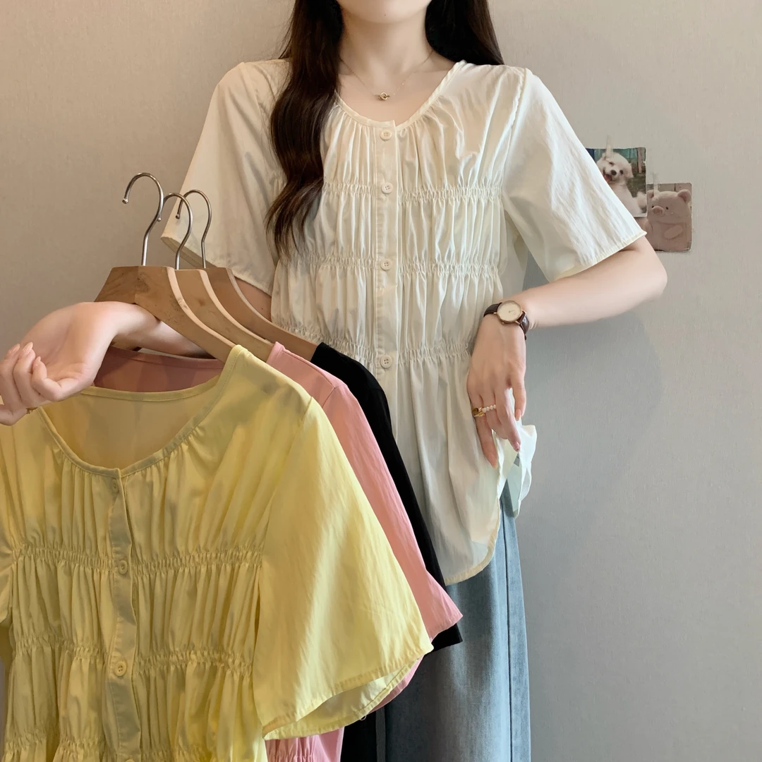 【升级版】2025大码女装春季减龄高级感衬衫气质设计感褶皱上衣7104