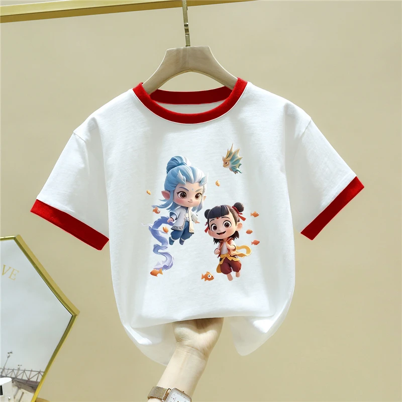 100%纯棉哪吒短袖T恤男童2025夏季新款印花上衣女童中大童打底衫