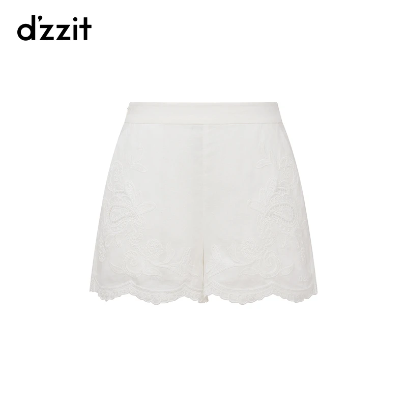 【刘浩存同款】dzzit地素短裤25夏新款白色亚麻绣花裤子女3J2Q118