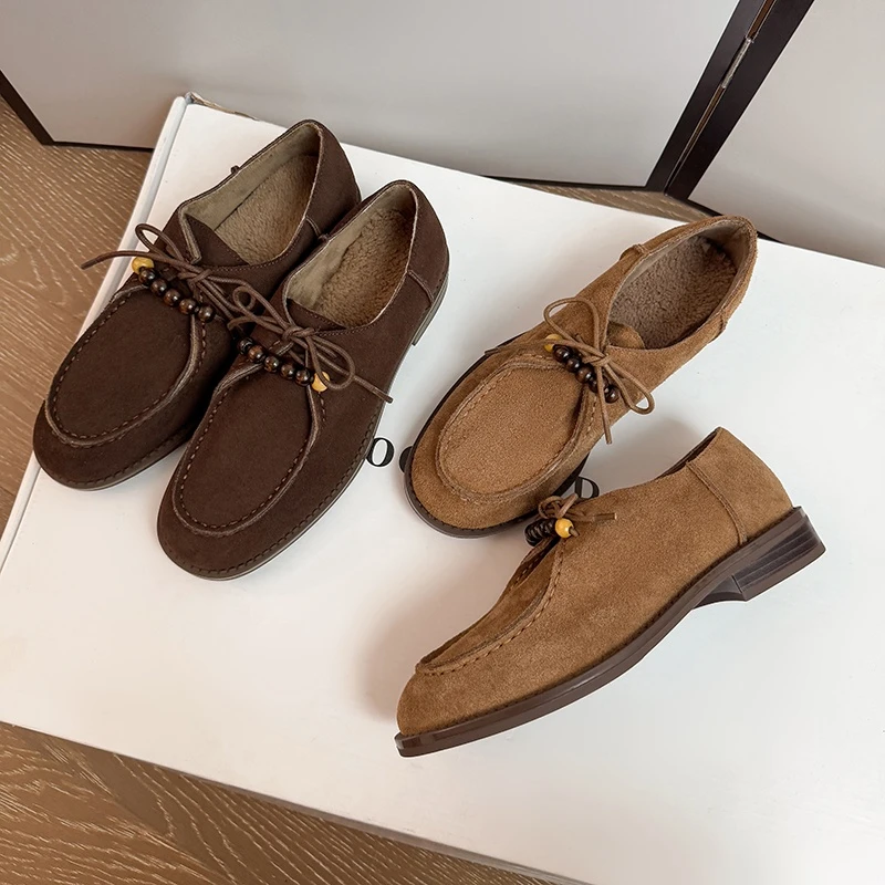 VICEN FIFI2cm/真皮乐福鞋女2026春系带复古老钱风休闲单鞋豆豆鞋