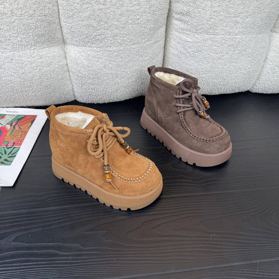 增高9cm加绒勃肯袋鼠鞋休闲系带内增高女鞋真皮百搭圆头1