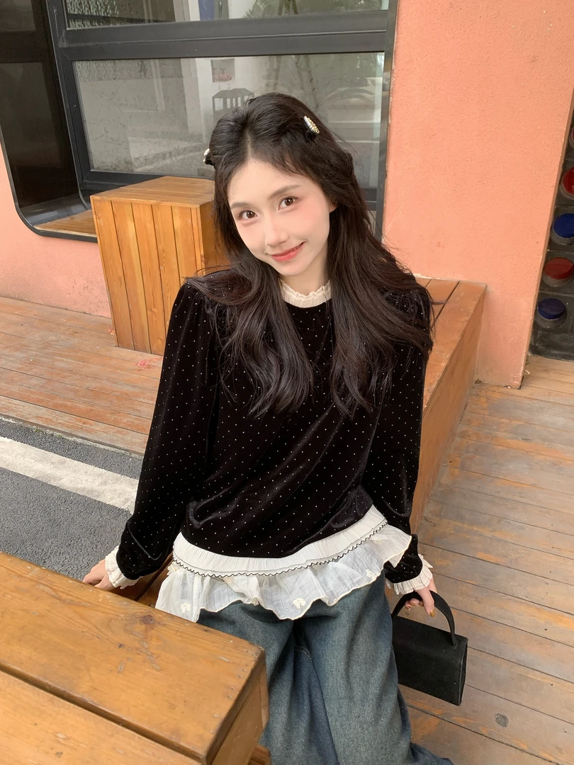MeetYou私享 复古丝绒上衣波点花边短款女2025新款衬衣
