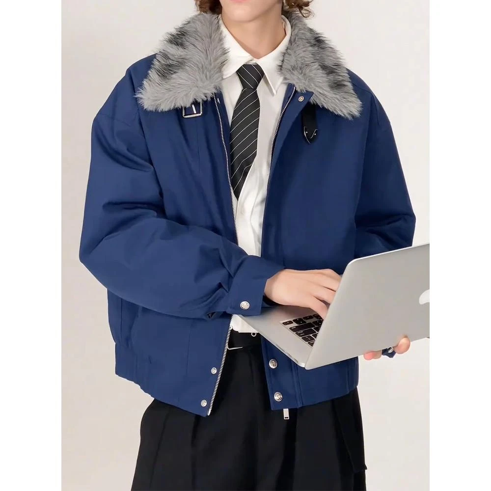 藏青色短款正肩毛领棉服防风外套男士冬季高级感加厚保暖棉衣夹克