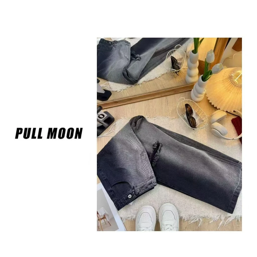 38-82977-1128 渐变色高腰阔腿破洞牛仔裤 128