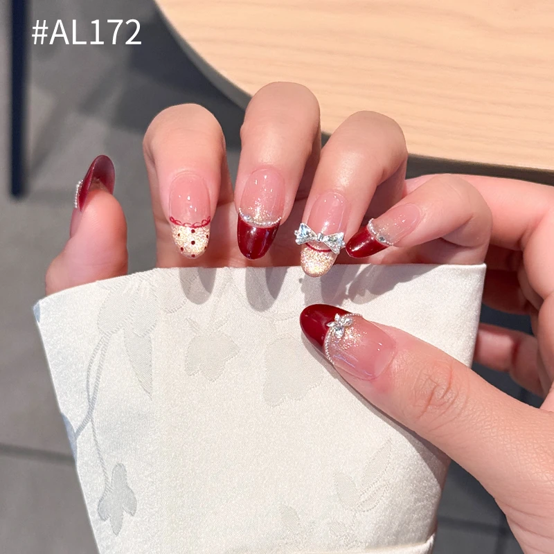 【红昭愿】纯手工香槟猫眼酒红色波点蝴蝶结六角花小钢珠美甲穿戴甲