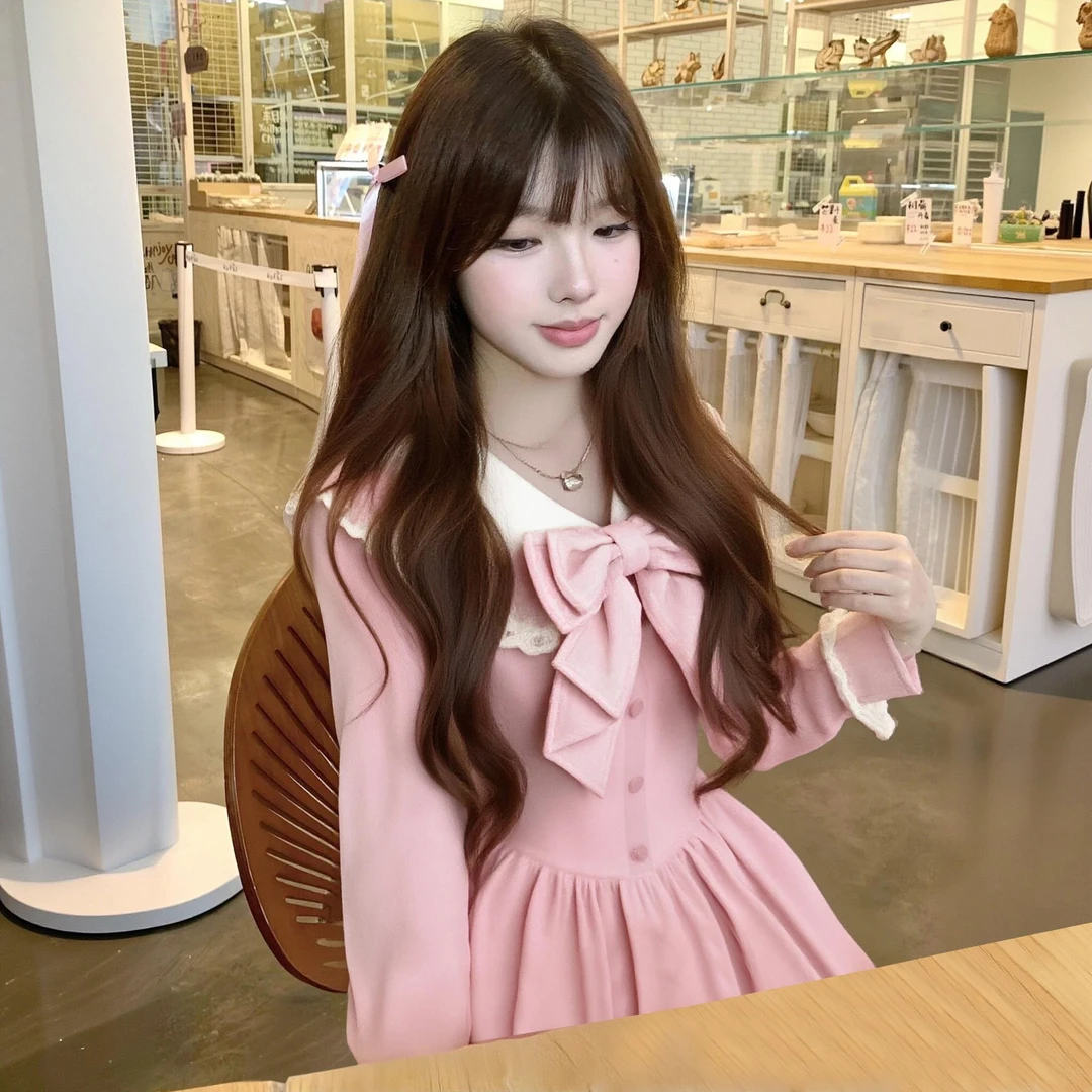 有里布2025秋季新款女甜美纯欲蕾丝边蝴蝶结粉色小个高跟鞋连衣裙