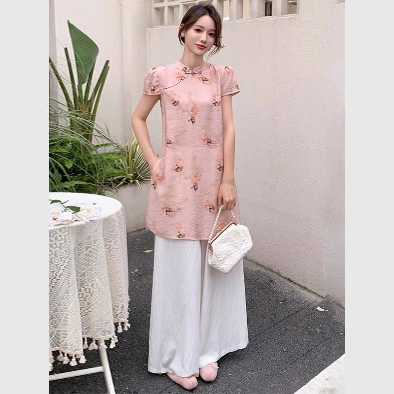 无印心匠D51601-2 新中式复古盘扣印花阔腿裤女款时尚套装 K821