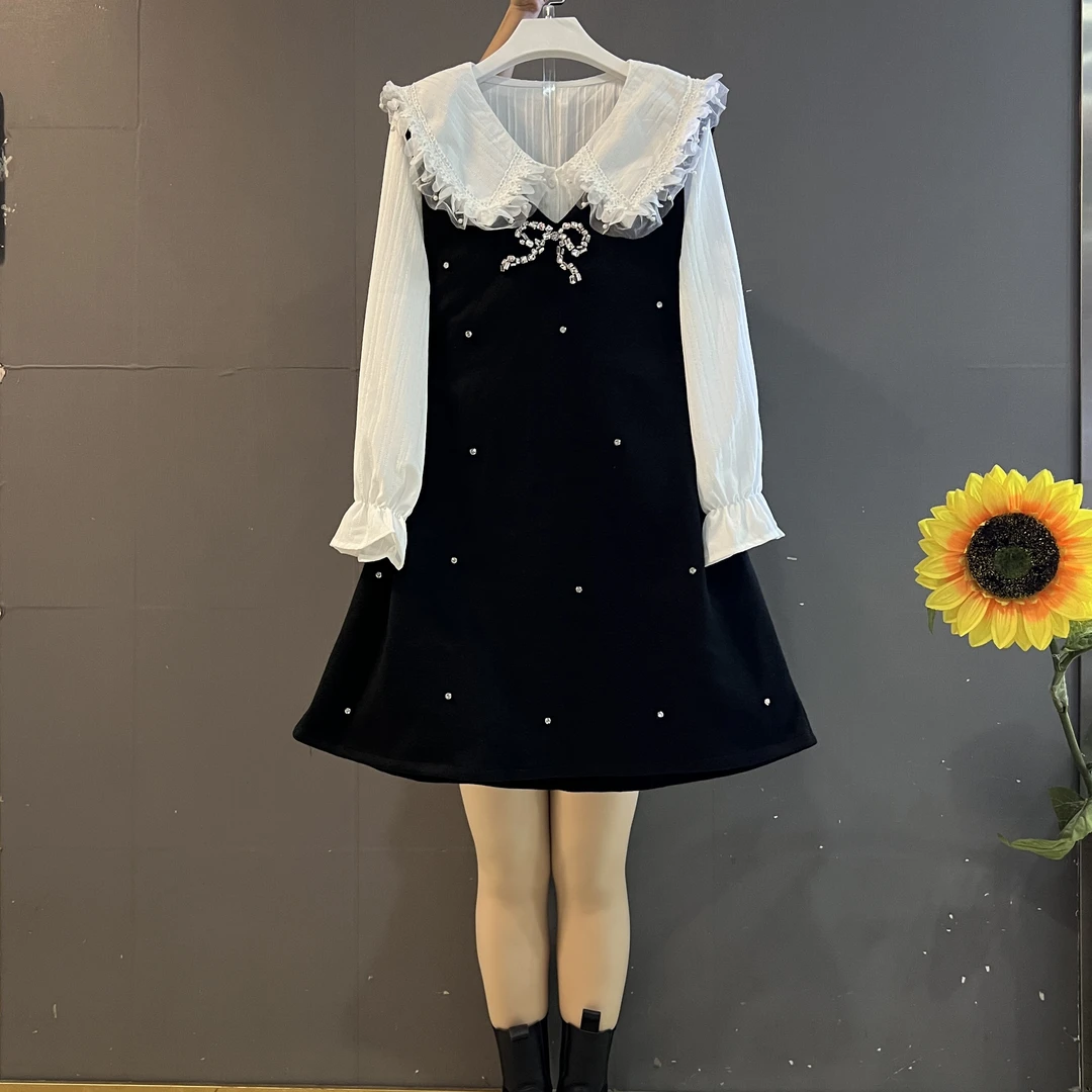 新款时尚减龄娃娃领衬衫➕马甲裙两件套套装