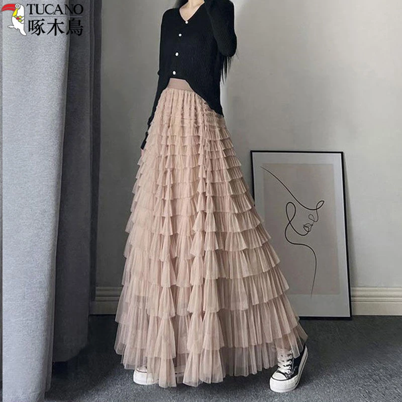 TUCANO/啄木鳥高腰蛋糕裙宽松名媛风半身裙女A字夏大摆网纱裙长裙