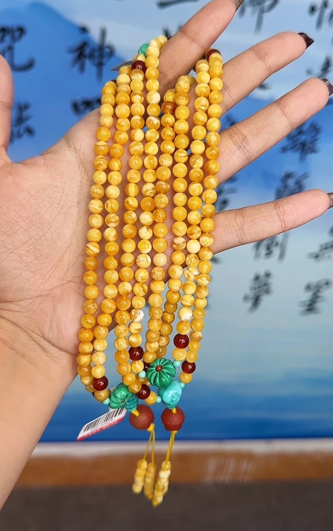 【齐福珠宝】XQ0429/5mm天然琥珀花蜡圆珠DIY链子（多样性发其一)