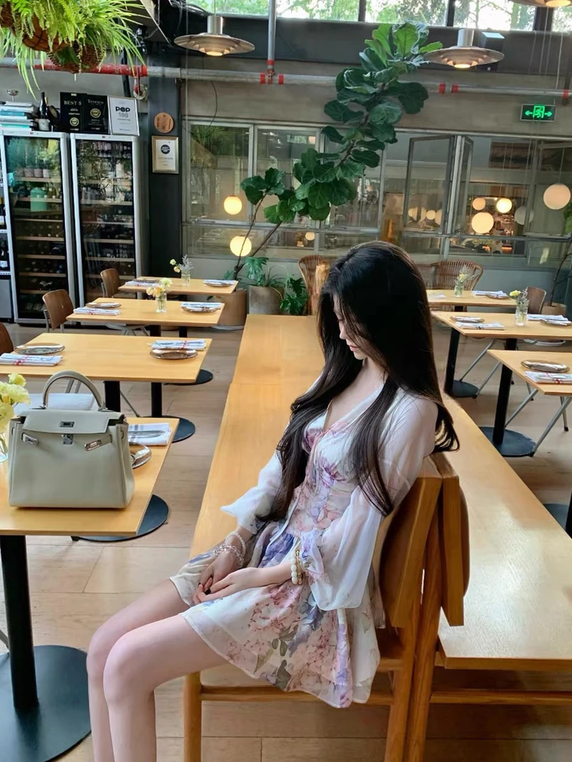 JUJU【紫藤花恋 送短裤】紫藤花连衣裙女收腰显瘦短裙