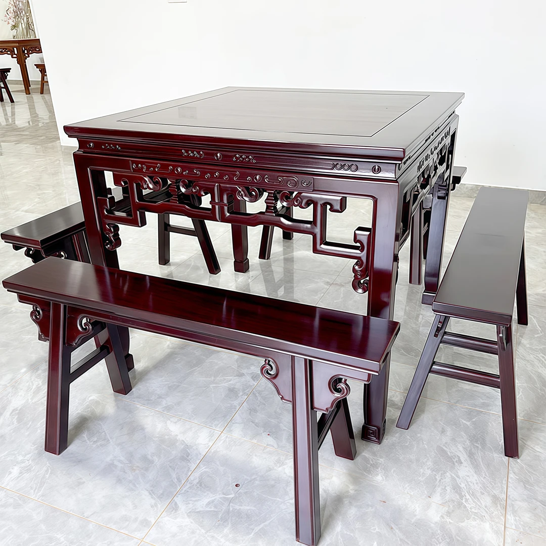 徽派拐子八仙桌实木缅花酸枝花黎木雕花红木多功能原木正方形餐桌