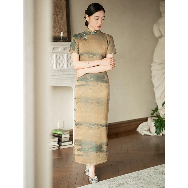 【松间月】良辰媄锦桑蚕丝香云纱宋锦全开襟手工长款旗袍长约130CM
