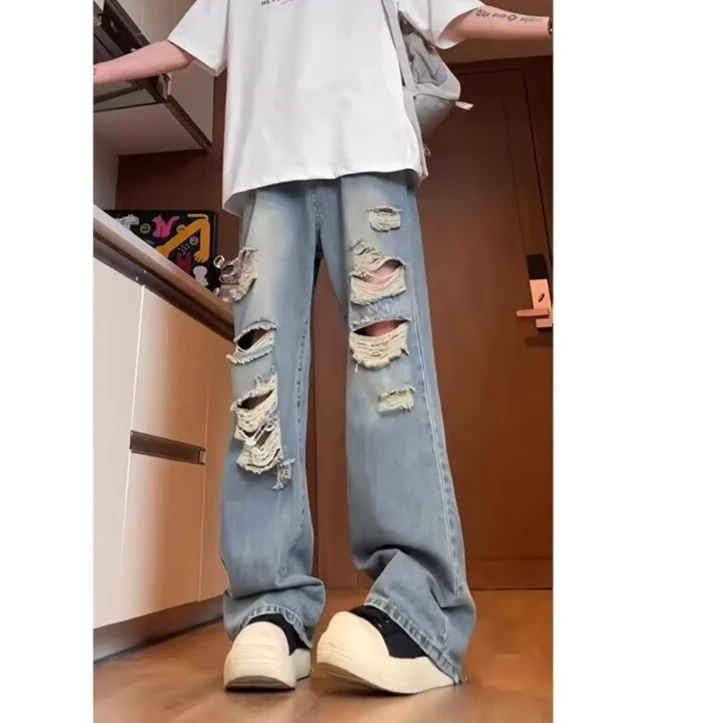 复古高街ins宽松阔腿破洞牛仔裤男夏季新款高腰设计感直筒长裤子