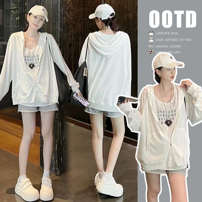 夏季孕妇装新款爆款垂感防晒衣+宽松洋气背心T恤+孕妇时尚短裤