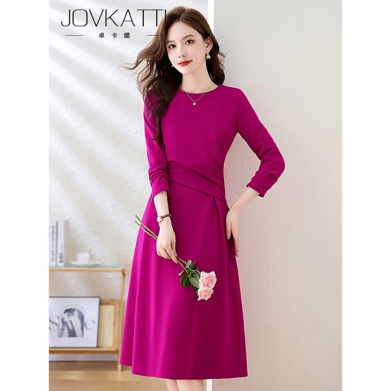 高级感玫红色长袖连衣裙女春秋2025新款收腰显瘦气质有女人味裙子