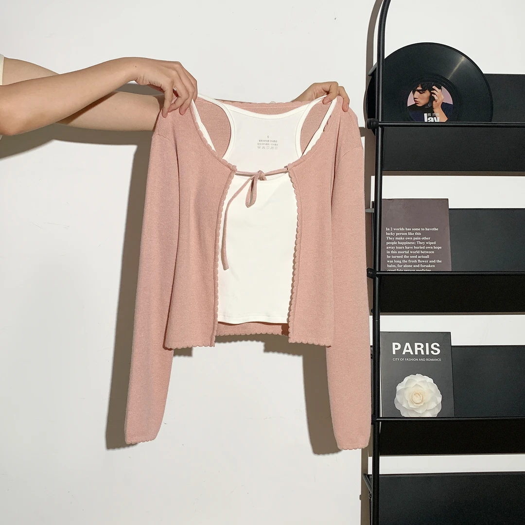 粉色圆领系带长袖针织衫女2025秋季新款慵懒感宽松显瘦上衣
