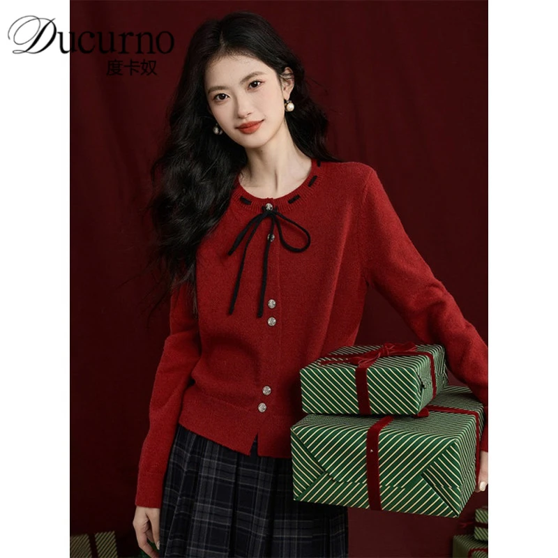 氛围感圣诞穿搭红色毛衣女2025年冬季新款系带圆领长袖针织开衫