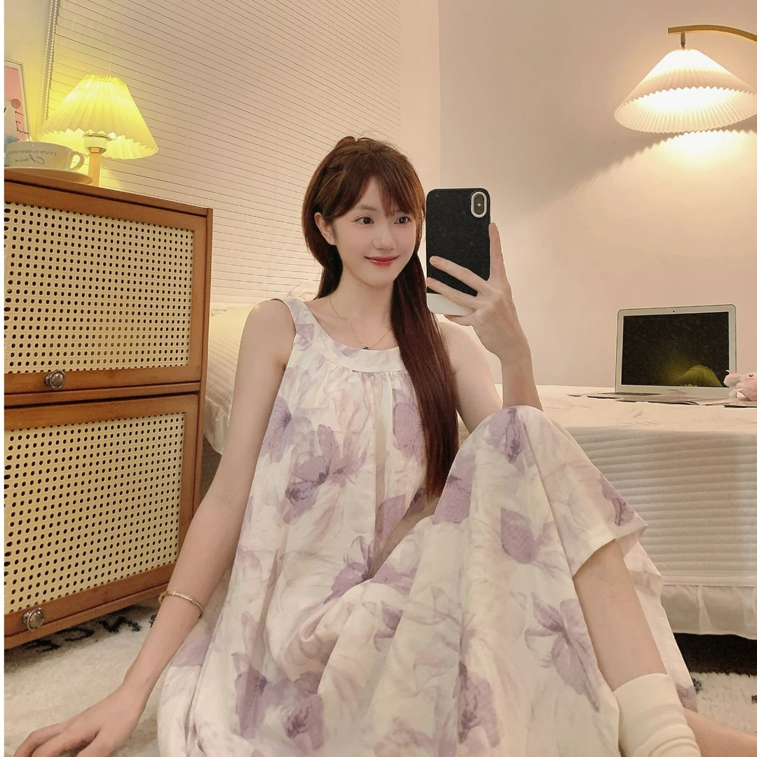 夏季带胸垫睡裙女吊带中长款连衣裙甜美韩版大码家居服睡衣可外穿