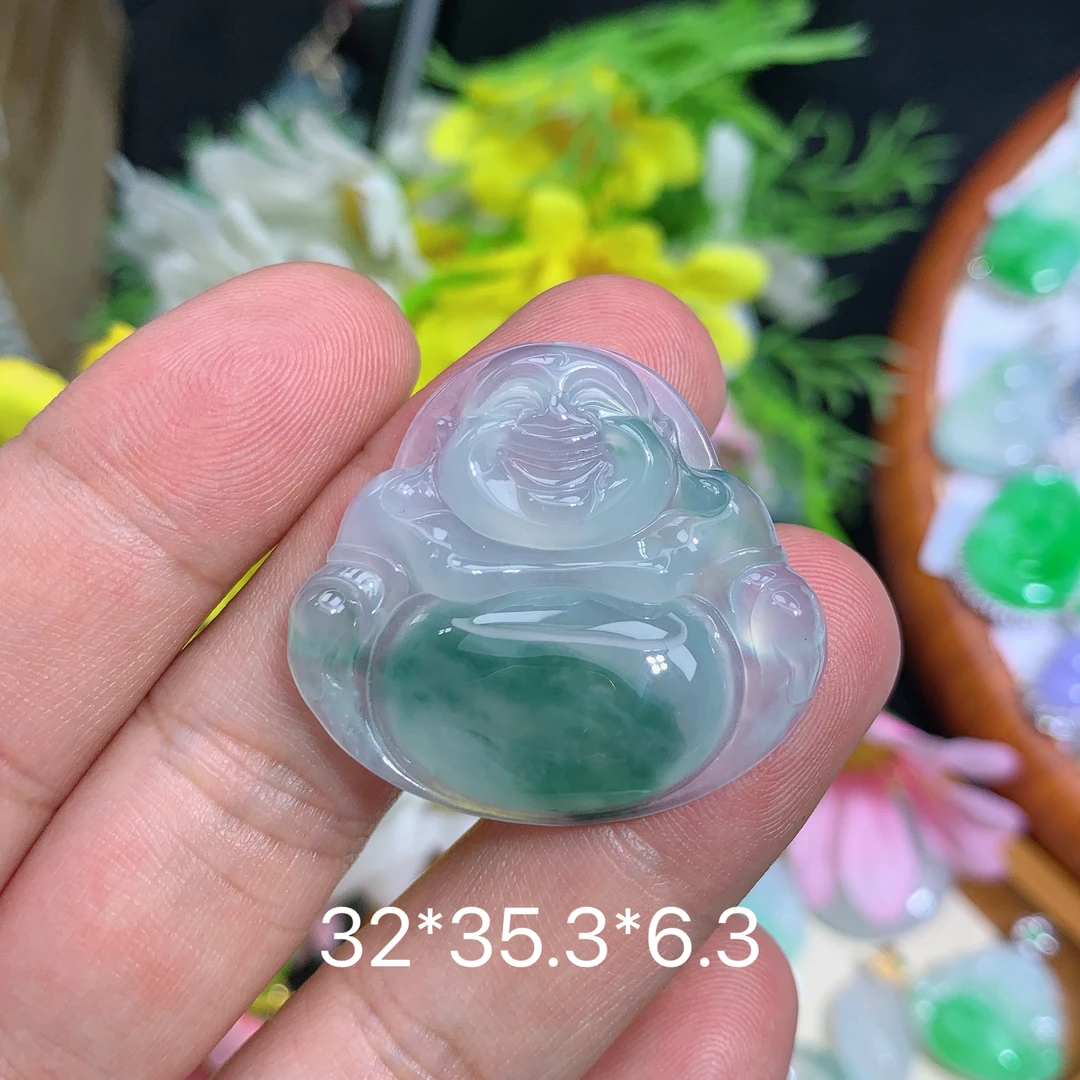 天然缅甸翡翠A货飘花佛公品吊坠种老水足气质百搭精雕精美百