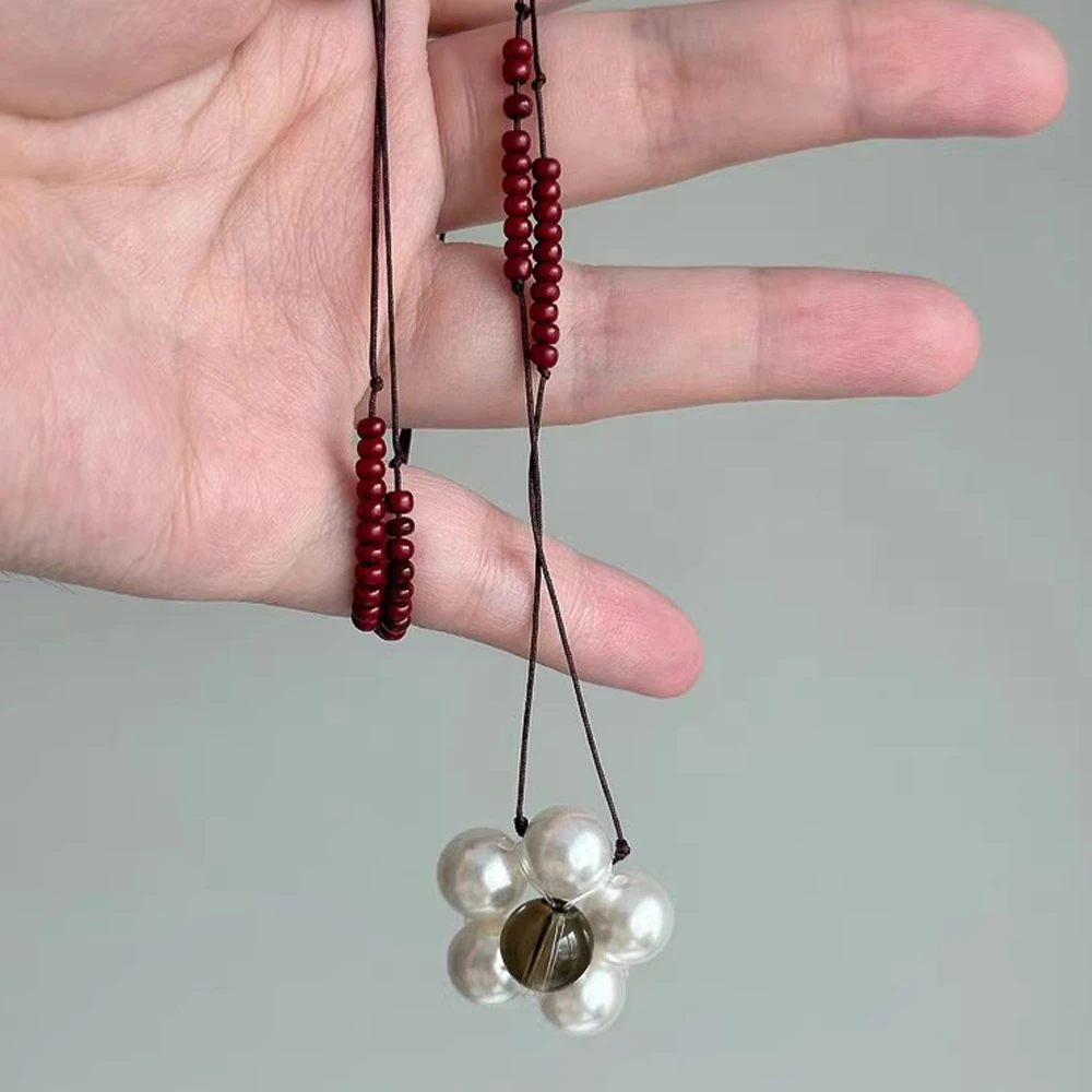 非金属皮质项链 韩系蜡绳编织串珠花朵项链女叠戴长款精致卫衣链