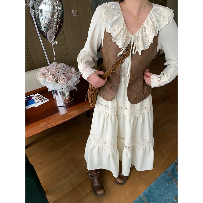 宣宣QC-微胖大码女白色波西米亚中长款连衣裙修身显瘦马甲套装