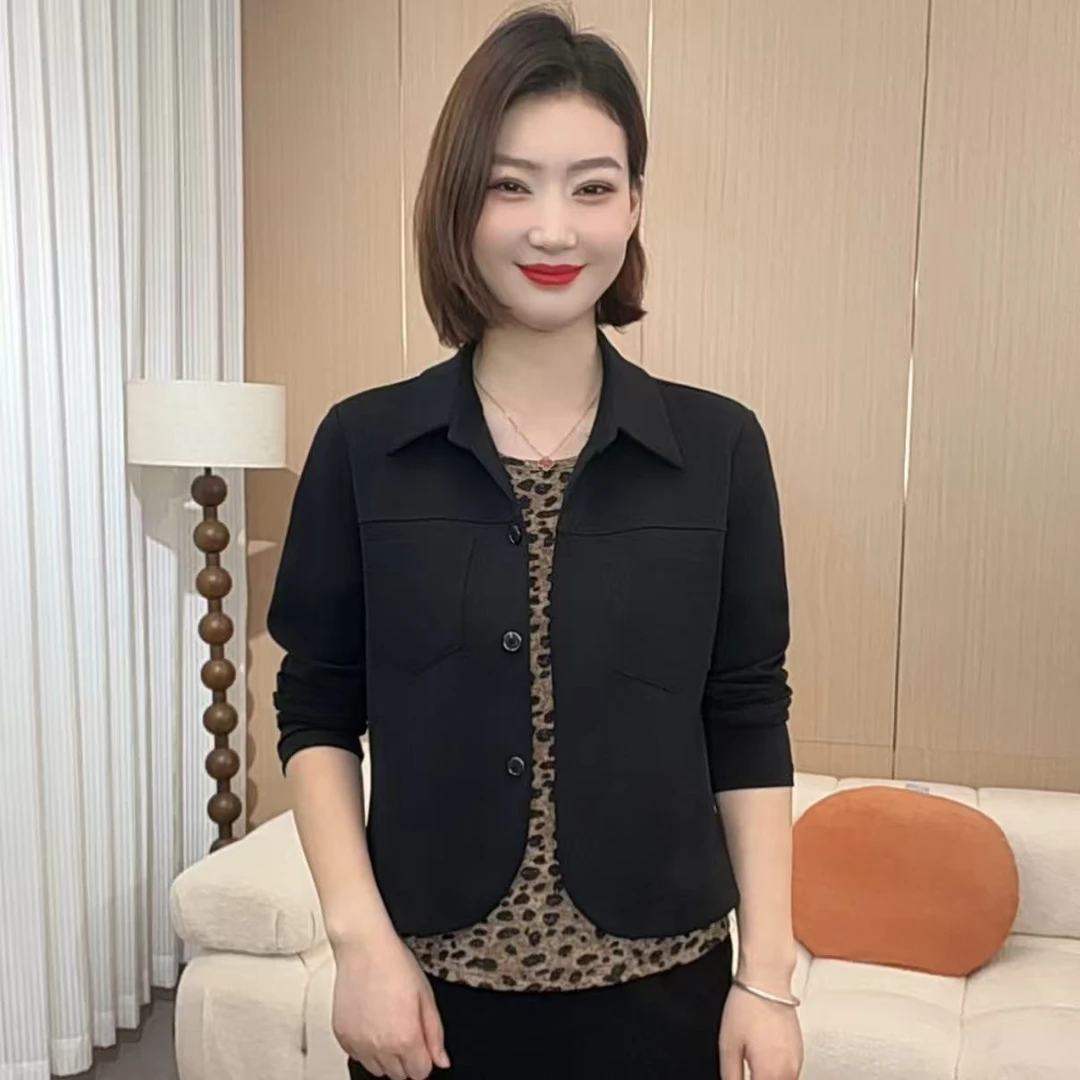 2025秋季时尚洋气新款简约假两件豹纹气质休闲百搭上衣P7225