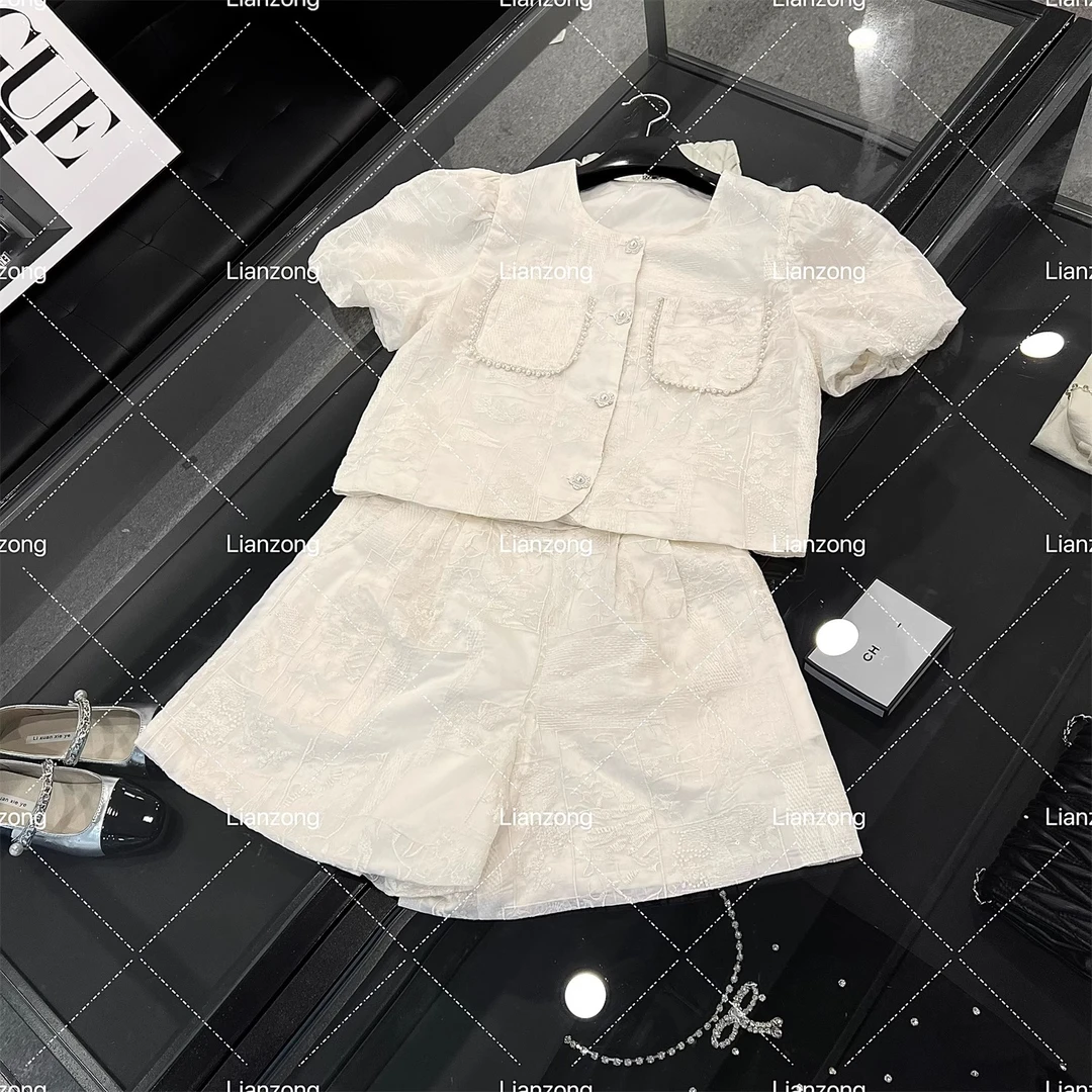 2025新款小香风小众设计感钉珠提花泡泡袖短款上衣阔腿裤套装