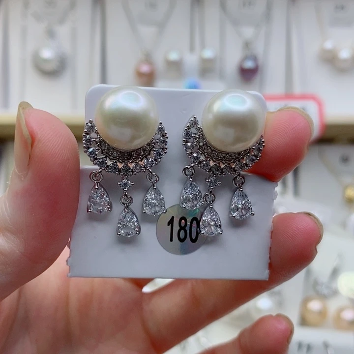 银S925镶嵌淡水珍珠耳饰11mmA