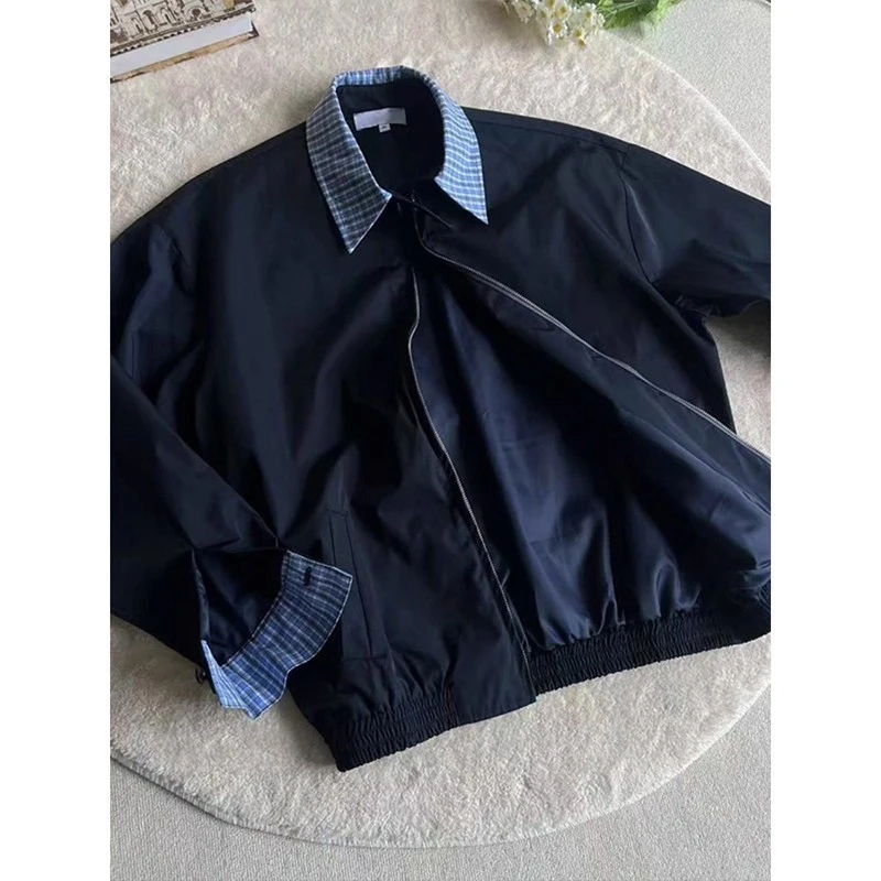 格子拼接假两件miu系哈灵顿短款夹克 男春秋季宽松休闲学院风外套