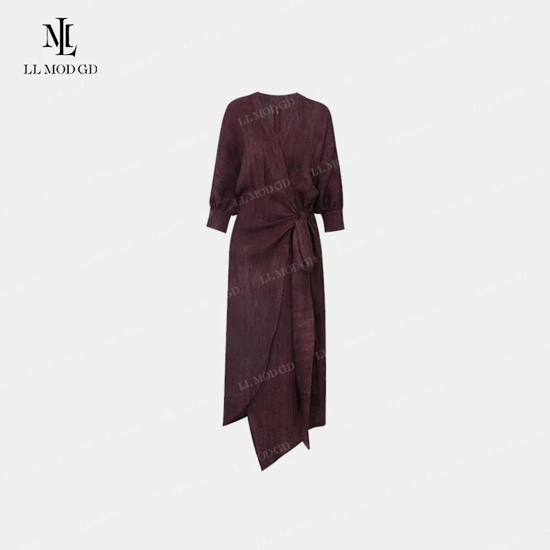 出行计划 高级感V领亚麻连衣裙夏季不规则气质显瘦裙子XR-262148