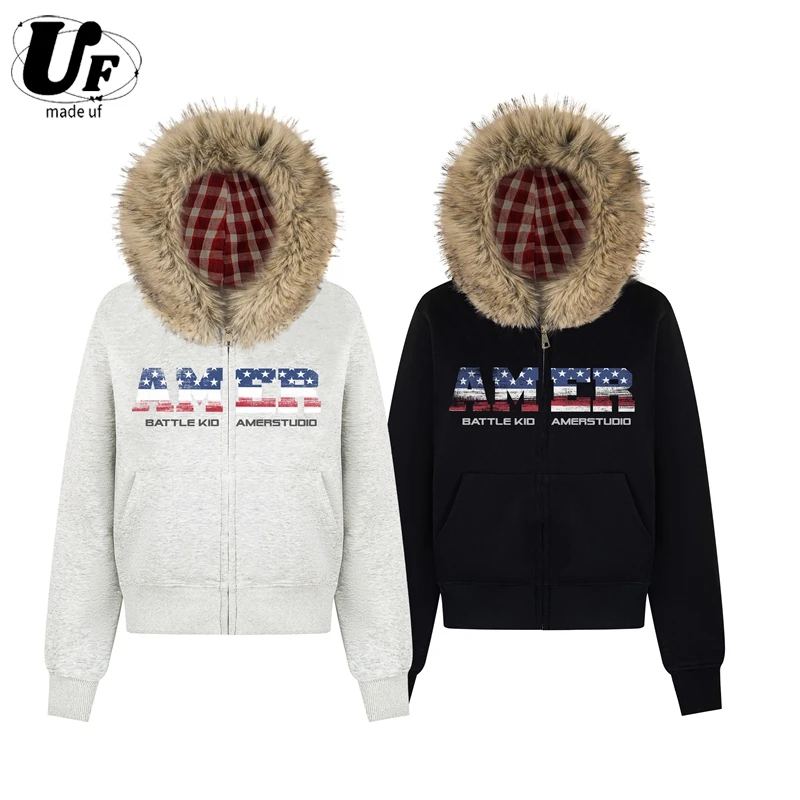 UF 原创国潮美式复古辣妹字母印花连帽卫衣女秋季新款百搭外套潮