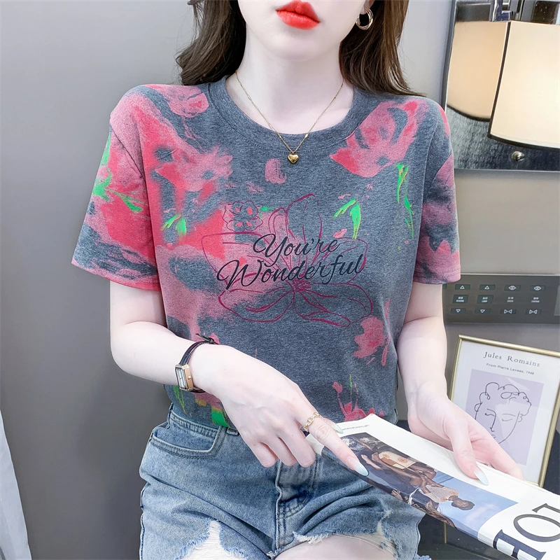 时尚蝴蝶印花纯棉短袖T恤女夏季新款宽松休闲百搭遮肚子洋气上衣