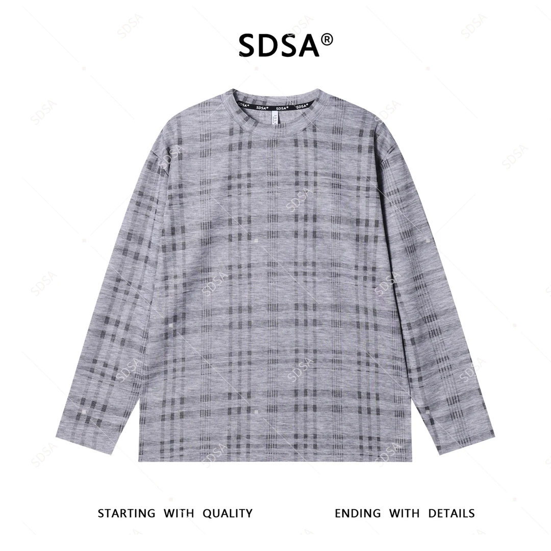 SDSA男士2025新款轻奢痞帅男装韩版格纹格子设计圆领长袖T恤时尚