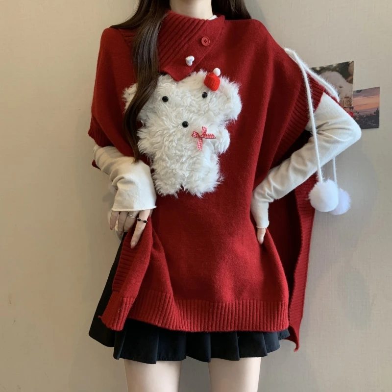 圣诞红色毛绒小狗斗篷披肩毛衣女春秋大码胖mm洋气翻领软糯针织衫
