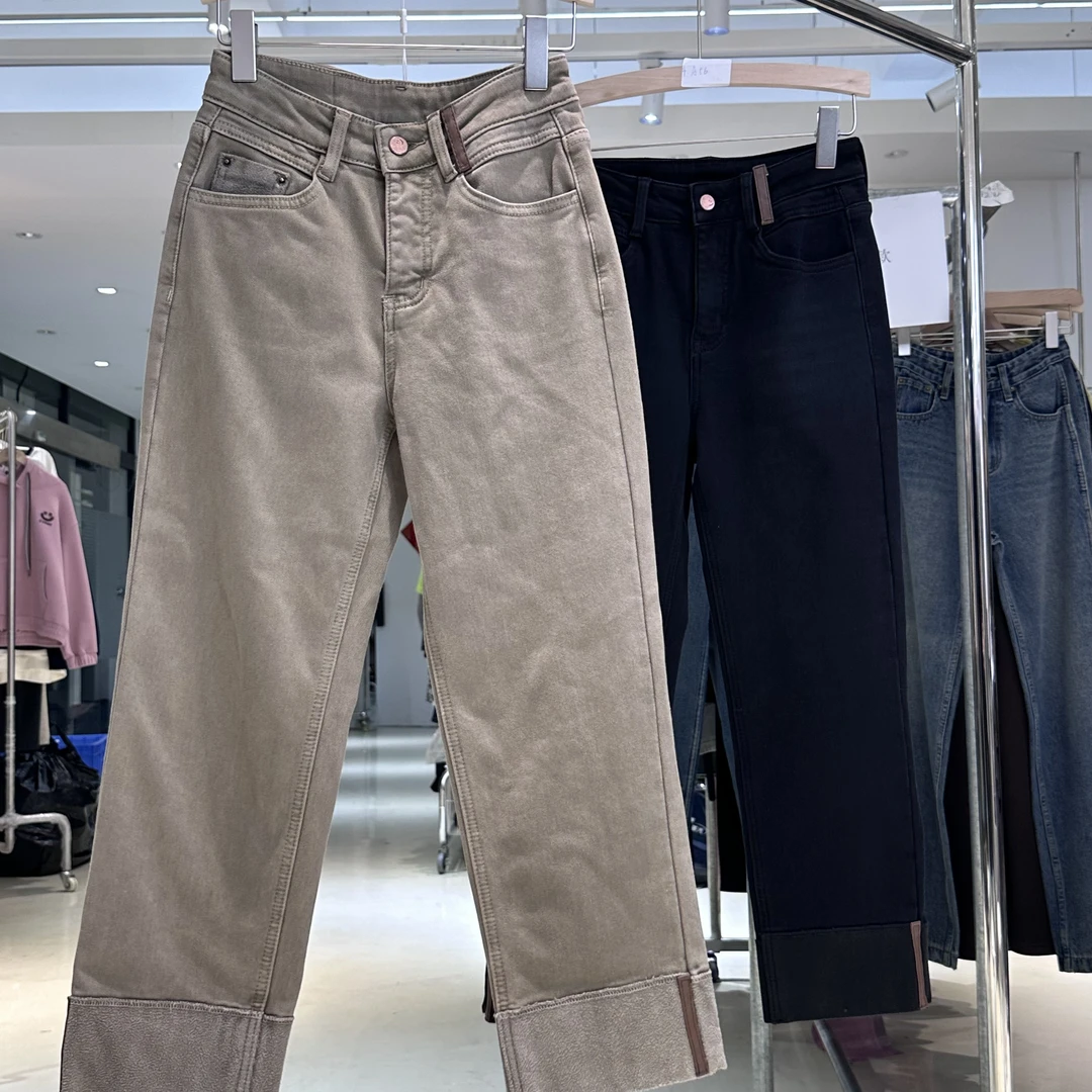 Q1159春夏新款牛仔裤女款高腰九分直筒阔腿翻边显瘦