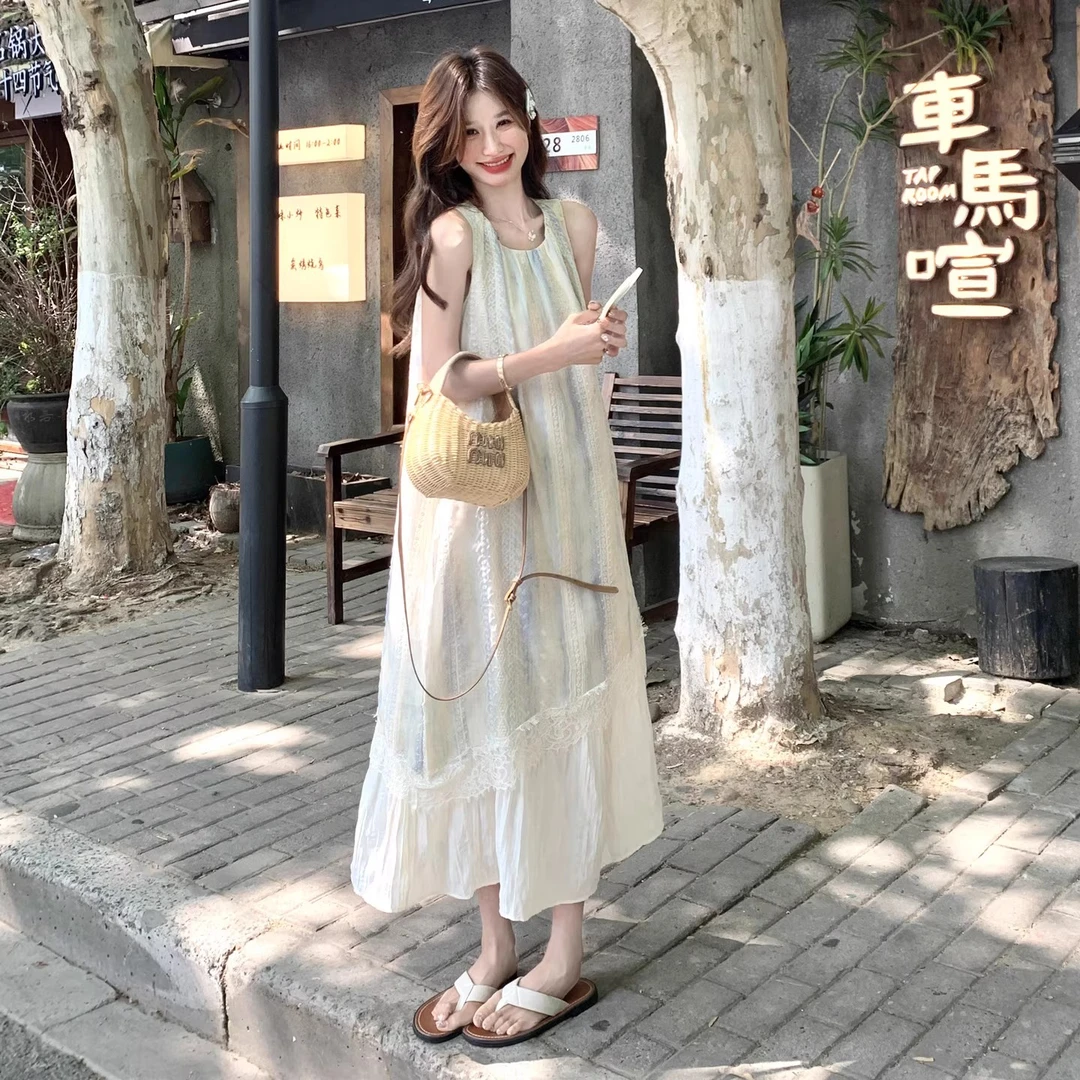 法式复古假两件蕾丝拼接吊带连衣裙女2025夏季新款设计感小众气质