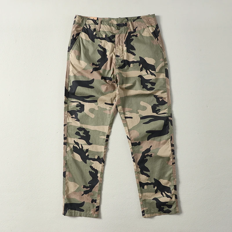 新款男士军绿迷彩休闲裤纯棉透气印花薄款小直筒简约复古宽松长裤