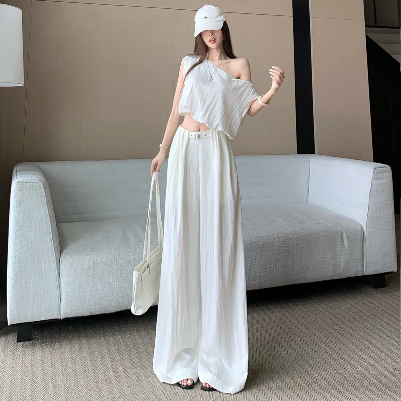 2025夏季气质垂感时尚套装女新款斜肩坎肩短上衣高腰阔腿裤两件套