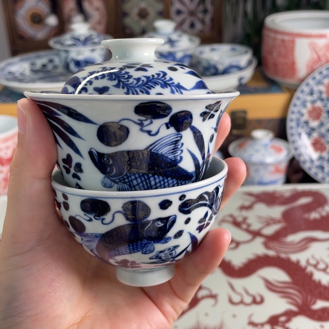 米****11景德镇青花微瑕鱼藻两件套